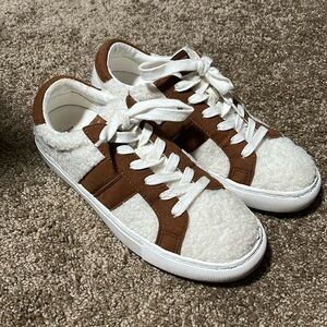 Great used J.CREW ROAD TRIP STRIPE Tan Sherpa Fur Shoes Sneakers Women size 7H